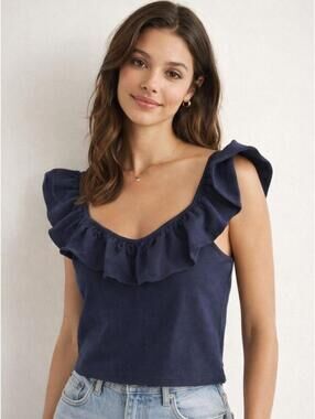 Anthropologie Maeve Navy Ruffle Crop Top Size L Romantic Coquette Fairycore NWT